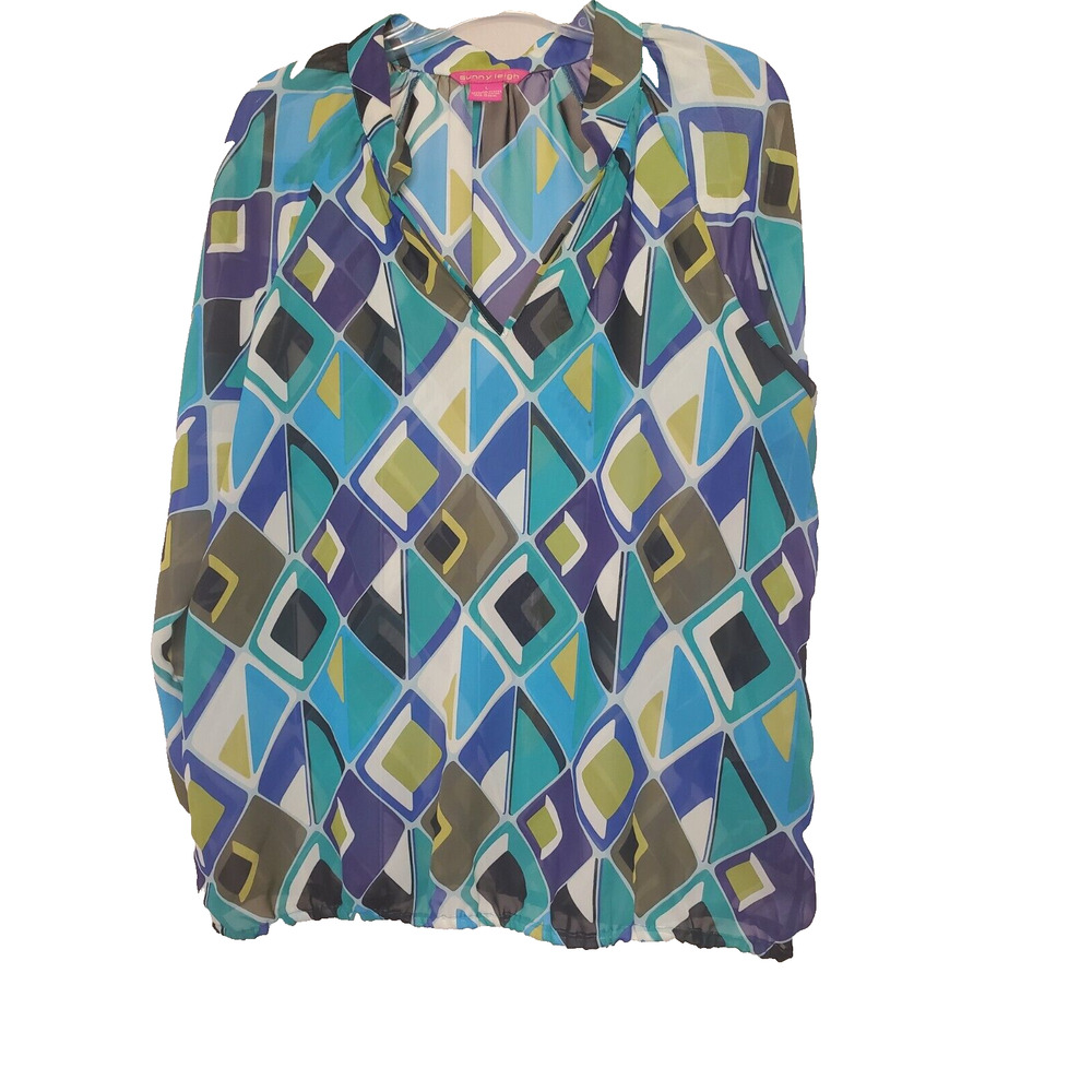 Sunny Leigh Womens Sheer Blue and Green Multicolor V-Neck Artsy Tunic Sz L